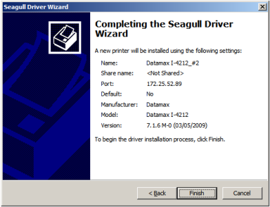 Completing the Seagull Driver Wizard - Printer name